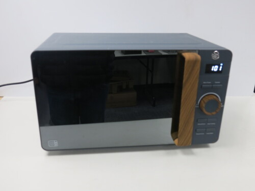 Swan Microwave Oven in Grey & Wood Style, Model SM22036GRYN & Swan 4 Slice Toaster.