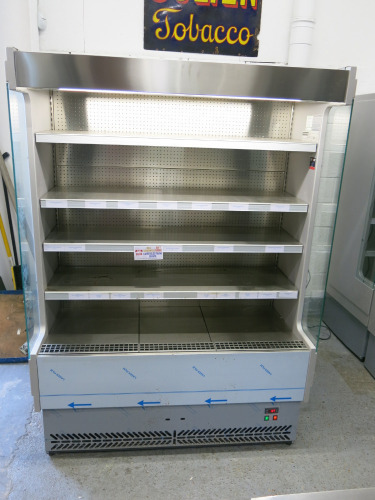 Interlevin 4 Shelf Multi Deck Merchandiser, Model SP80-140X, S/N 202140023L, DOM 06/2021. Comes with Adjustable Shelves, Interior Light, Night Blind, Stainless Steel Interior & Ticket Strips. Size H205 x W148 x D76cm.