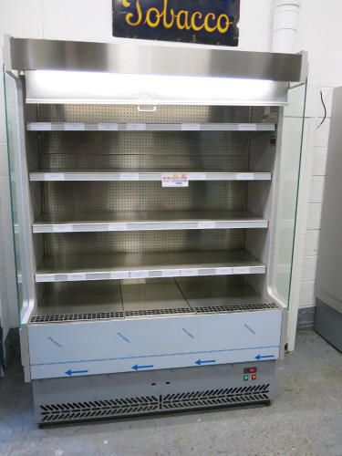 Interlevin 4 Shelf Multi Deck Merchandiser, Model SP80-140X,S/N 202140021L, DOM 06/2021. Comes with Adjustable Shelves, Interior Light, Night Blind, Stainless Steel Interior & Ticket Strips. Size H205 x W148 x D76cm.