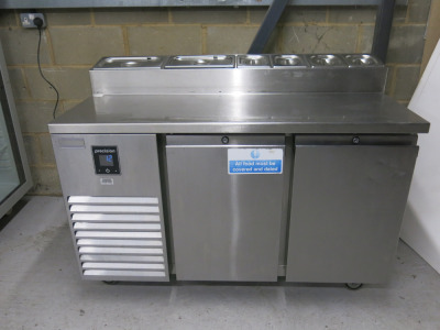 Precision Stainless Stell 2 Door Counter Fridge Preparation Station , Model MCU211, S/N 146018. Size H100 x W135 x D70cm. Comes with 6 Assorted Sized GN Containers & Lids.