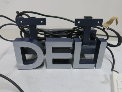 Double Sided Led Lit Deli Sign on Blue Metal Box Frame with 2 x LED Drivers. Size H11 x W31 x D15cm.