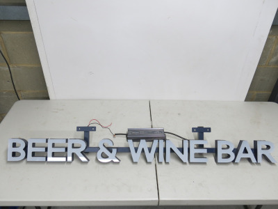 LED Lit Beer & Wine Bar Sign on Blue Metal Box Frame with LED Driver. Size H11 x W1133 x D6cm.