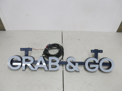 LED Lit Grab & Co Sign on Blue Metal Box Frame. Size H11 x W86 x D10cm. Note requires LED Driver.