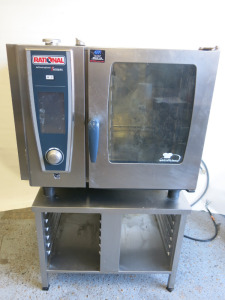 Rational Self Cooking Centre 5 Senses , Model SCC WE61, S/N E61SH15032450174, 6 Grid, Electric, 3 Phase. Comes with Rational Stainless Steel Stand, Model 60.30.328 & Instruction Manual.