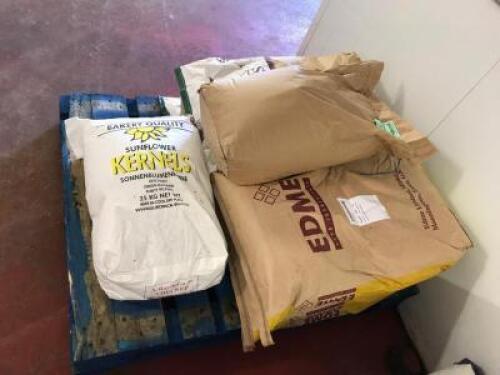 Pallet Containing 3 x 25kg Bags of EDME Dextramalt (BBF 29/03/2020), 3 x 16KG Bags of Puratos Soft R Bagel Improver 0.5% (BBF 16/10/2019) & 1 x 25KG Bag of Brown Linseed (BBF 02/2020)