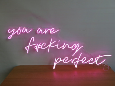 LED Lit "Your Are F#cking Perfect" Sign In Pink with 12v LED Waterproof Power Supply, Size L150 x D60cm.