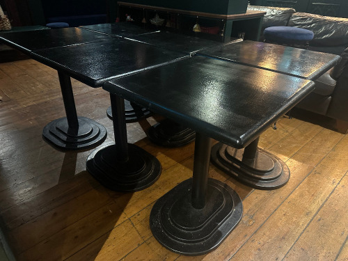 16 x Black Wooden Top Tables with Heavy Metal Bases, Size H75 x W60 x D60cm.