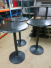 3 x Round Black Wooden Top High Bar Tables with Heavy Metal Bases, Size H111 x Dia 75cm.