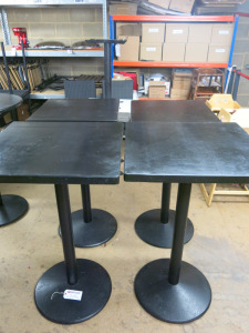 4 x Round Black Wooden Top High Bar Tables with Heavy Metal Bases, Size H113 x W70 x D71cm.