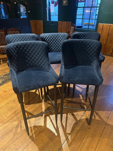 5 x Blue Upholstered Padded High Back Stools on Black Metal Frame, Size H105cm.