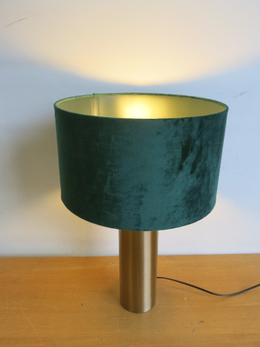 Dunelm Table Lamp with Brushed Brass Effect Base & Green Velvet Shade.