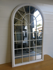 White Metal Framed Garden Mirror, Size H130 x W75cm.