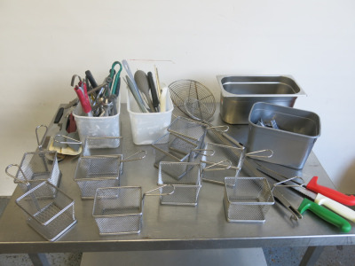 Quantity of Kitchen Utensils to Include: Chip Serving Baskets, Knives & Forks, Spatulas, Tongs, Knives etc (As Viewed/Pictured).