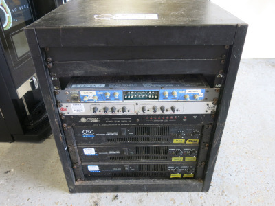 Metal Cabinet Containing a Quantity of Audio Equipment to Include: 1 x Cloud CX242 Zone Mixer, 1 x DBX 223XS, 1 x Formula Stereo AVC2 Volume Control Unit & 3 x QSC Audio Amplifiers, 850,1450,2450.