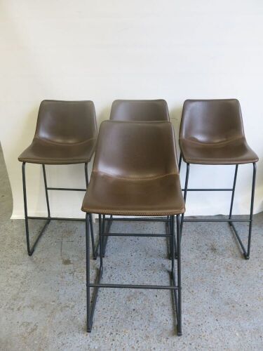 Set of Four Brown Faux Leather High Back Stalls on Metal Frame, Size H100cm.
