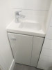 15.3m x 2.62m - Ex-Show Room Modular Housing Display Unit with Brick Front Finish, 2 Rendered Ends with Finish Required Top & Rear. Unit Sits on 2 x Sets of 6 Wheeled Galvanised Mobile Frames (7 x 3m). Fitted with Kitchen, Toilet, Shower room & Bedroom, A - 15