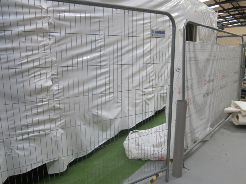 Approx 50 x Heras Temporary Fencing Panels (Size 350 x 200cm) with 50 x Weighted Blocks.