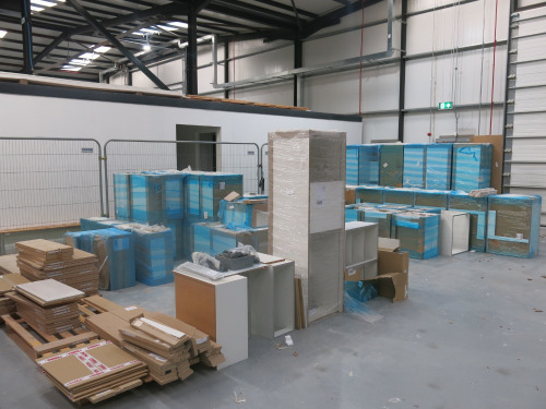 Large Quantity of Kitchen Cabinets, Doors, Fixtures & Fittings to Include: 53 x Assorted Cupboard Carcasses, 11 x Laminate Worktops (61.5 x 3m) & 69 x Luncas Door Panels & End Panels with Assorted Plinths, Fixtures & Fittings. Comes with 2 x Worktop Jigs.