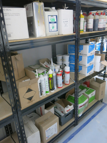 2 x Bays of Assorted New/Used Adhesives, Fillers, Silicone & Glues (As Viewed). Racking not included. See Lot. 220 for Racking Option.