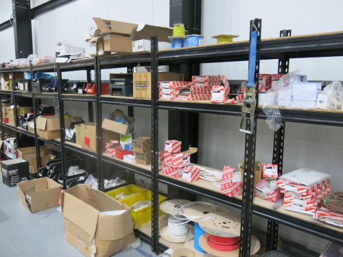 8 x Bays of Assorted Electrical & Plastic Plumbing Fixtures & Fittings to Include: Wire, Sockets, Pipe Fittings, Clips, Fixing Kits, Push Fit, Radiator Valves, Tape & Other (As Viewed).Racking not included. See Lot. 220 for Racking Option.