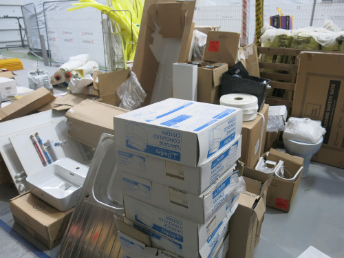 Area to Include Assorted Sanitaryware & Bathroom Fixtures & Fittings to Include: Bathtub, S/S Sink, Ceramic Toilet & Sinks, 10 x Dudley Vantage Concealed Cisterns, Bath Panels & Other (As Viewed).