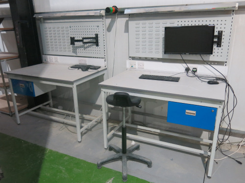 2 x QMP Illuminated Workshop Benches with 240v Sockets, Parts Rack, 2 x Stools, Benq Monitor, 2 Monitor Brackets, 2 Keyboards & Mouse. Size H167 x W120 x D80cm.