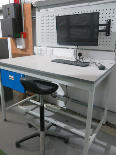 QMP Illuminated Workshop Bench with 240v Socket, Parts Rack, Stool, Lockable Draw with Key, Dell OptiPlex 5720 AIO Series i5 9th Gen PC, Model W20B on Bracket with Keyboard & Mouse. Size H167 x W120 x D80cm.