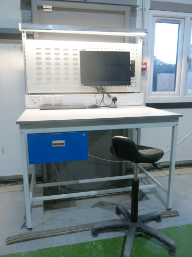 QMP Illuminated Workshop Bench with 240v Socket, Parts Rack, Stool, Lockable Draw with Key, Dell OptiPlex 5720 AIO Series i5 9th Gen PC, Model W20B on Bracket with Keyboard & Mouse. Size H167 x W120 x D80cm.