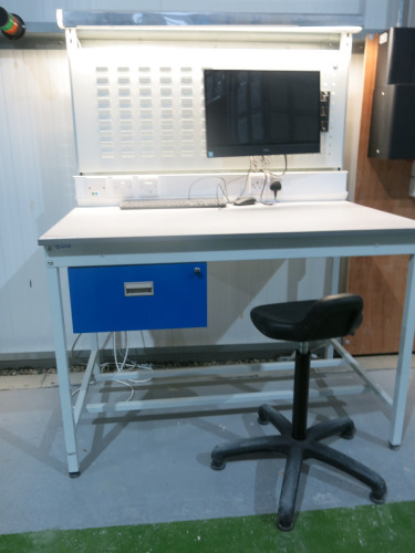 QMP Illuminated Workshop Bench with 240v Socket, Parts Rack, Stool, Lockable Draw with Key, Dell OptiPlex 5720 AIO Series i5 9th Gen PC, Model W20B on Bracket with Keyboard & Mouse. Size H167 x W120 x D80cm.