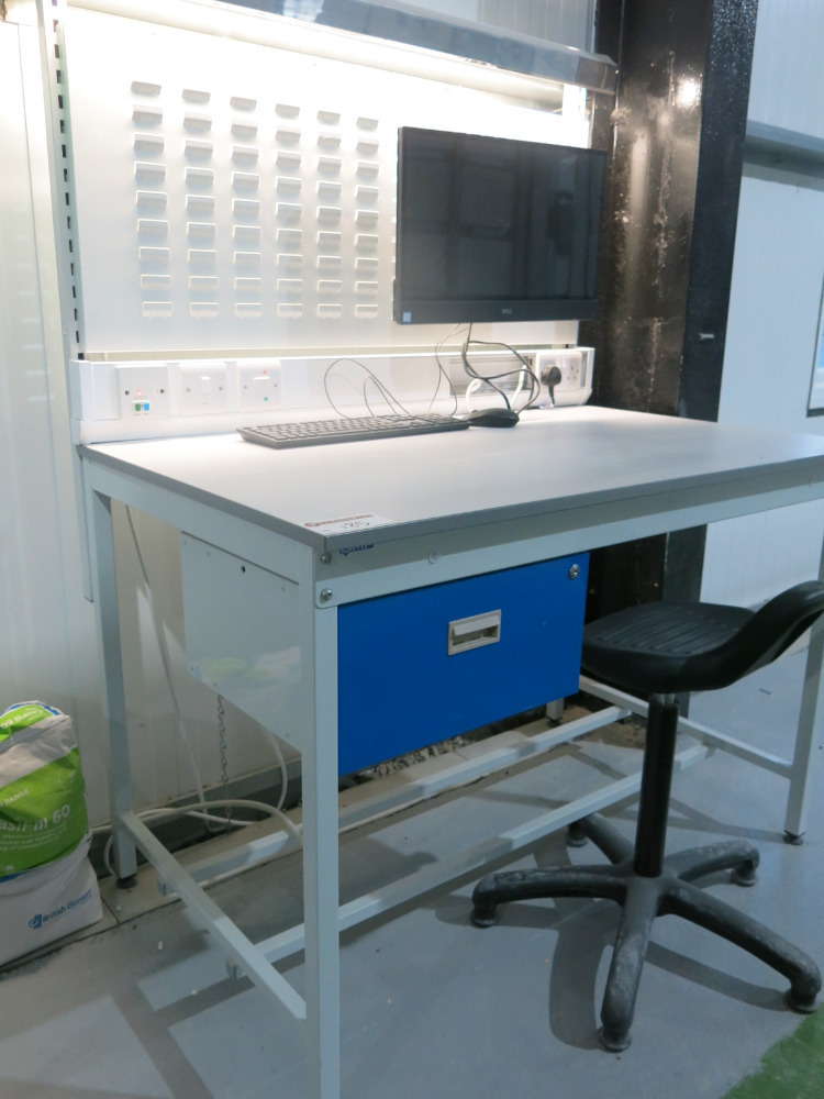 Computer Repaire Bench QMP Illuminated Workshop Bench with 240v Socket, Parts Rack, Stool ...