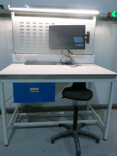 QMP Illuminated Workshop Bench with 240v Socket, Parts Rack, Stool, Lockable Draw with Key, Dell OptiPlex 5720 AIO Series i5 9th Gen PC, Model W20B on Bracket with Keyboard & Mouse. Size H167 x W120 x D80cm.