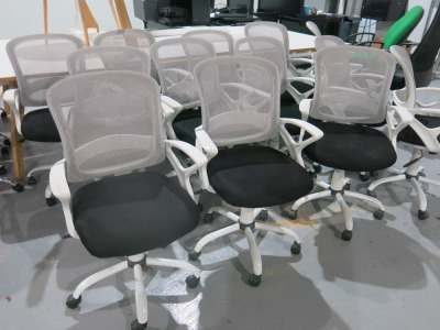 13 x White Mesh Back with Black Hopsack Seat, Office Adjustable Swivel Chairs on White Frame.