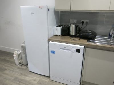 Contents of Kitchens with 2 x Beko Freestanding Dishwasher in Black & White, Beko Larger Fridge, 2 x Toasters, Kettle & George Formen Grill.