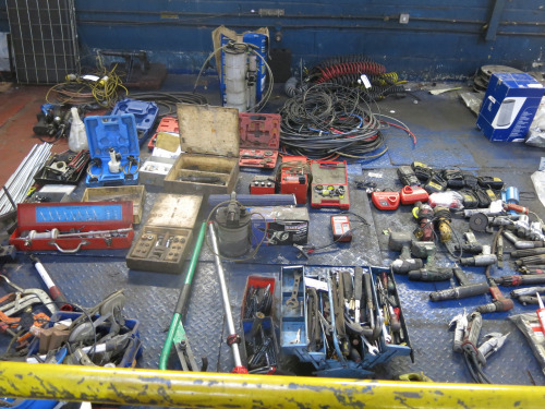 Quantity of Misc Garage Tools & Equipment to Include: Toolbox & Tools, Pneumatic & Electrical Tools, Inspection Lamps, Grease Guns, Air Lines Etc (As Viewed/Pictured).