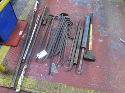 12 x Assorted Crow Bars, Sledge Hammer, Wrench & Stilsons (As Viewed/Pictured).