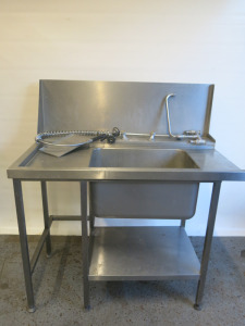 Stainless Steel Single Bowl Sink with Taps, Pre Rinse, Shelf Under & Splash Back, Size H93 x 120 x 75cm.