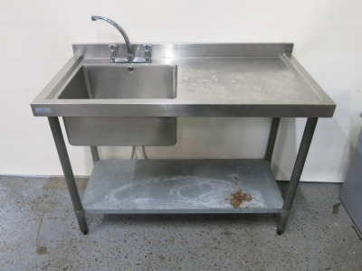 Stainless Steel Single Bowl Sink with Taps & Shelf Under, Size H90 x W120 x 60cm.