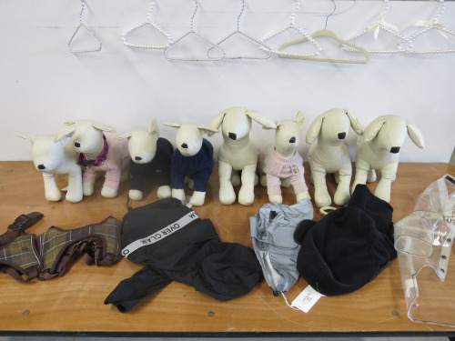 8 x Assorted Small Dog Jumpers, Fleece & Raincoats, 2 x Barbour Harnesses & 8 x Leather Dog Display's with 7 x Pearl Hangars.