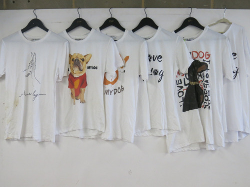 6 x Lubi-Menya Dog Motif Cotton T-Shirts. Size S-L. NOTE: soiled, require cleaning.