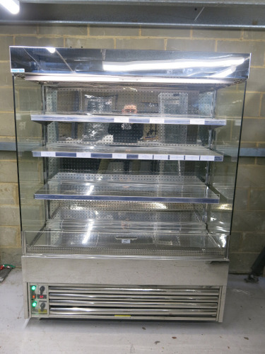 Frost Tech Multi Deck Merchandiser, Model SDF75/150FG, S/N 011/040515CN. Comes with 3 Adjustable Shelves, Interior Light, Night Blind, Polished Stainless Steel Interior & Exterior with Ticket Strips. Size H200 x W150 x D75cm.