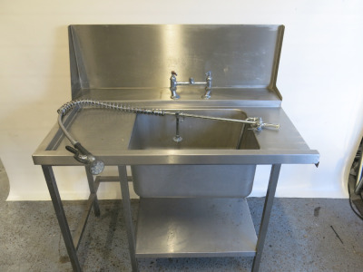 Stainless Steel Single Bowl Sink with Taps, Pre Rinse, Shelf Under & Splash Back, Size H93 x 120 x 75cm.