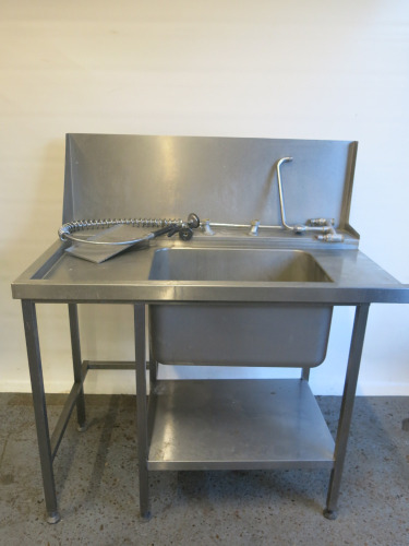 Stainless Steel Single Bowl Sink with Taps, Pre Rinse, Shelf Under & Splash Back, Size H93 x 120 x 75cm.