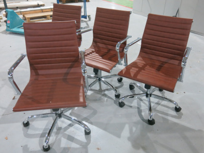 4 x Chrome Framed Office Swivel Chairs in Faux Brown Leather with Arms.