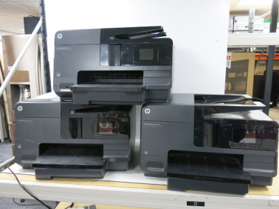 3 x HP Office Jet Pro 8610 All In One Colour Printer, Model 8610. NOTE: printers A/F for spares or repair.