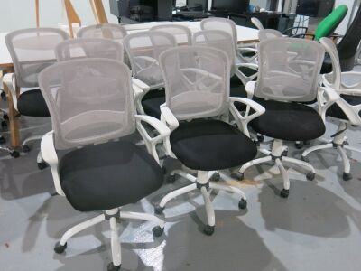 4 x White Mesh Back with Black Hopsack Seat, Office Adjustable Swivel Chairs on White Frame.