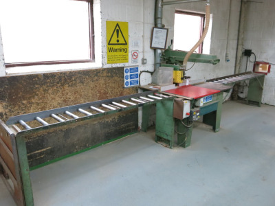 Wadkin Bursgreen Cross Cutting Pull Over Saw, Machine Number 350 BRA 80108, 3 Phase with Electronic Brake. Comes with 2 x Roller Feed Tables.