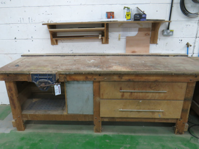 Woodwork Bench with Record No 53 Quick Release Vice. Size H90 x W244 x D82cm. Size H90 x W244 x D82cm.