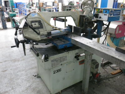 Baileigh International Metal Horizontal Band Saw, Model B360M, S/N 15120558, 3 Phase with Itech 3m Roller Feed & Stop Bench.