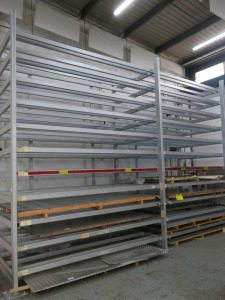 Large Sheet Material Storage Rack for Plate with 22 x Racks, 1000kg Capacity per Shelf. Left Side Capacity 3m x 1.5m, Right Side 2.5m x 1.25m. 2 x Pull Out Shelves. Overall Size H430 x W590 x D182cm. NOTE: bolted to floor, buyer to dismantle & collect fro