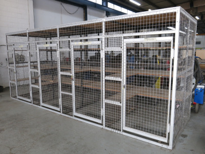 Boxed Steel Caged Storage with 4 x Shelved Compartments with Doors. Size H223 x W530 x D160cm.